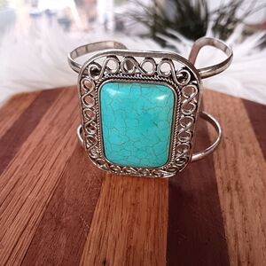 Turquoise Stone Silver Filigree Scroll Open Band Boho Western Cuff Bracelet